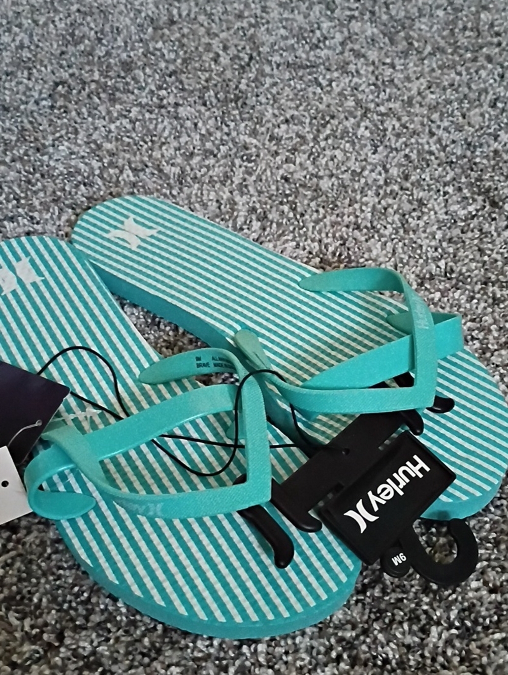 Hurley Teal and White Striped Flip Flops